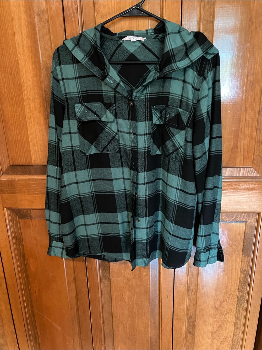 Hippie Rose Green & Black Plaid Hooded Button-Down Shirt with a few FREE gifts!!